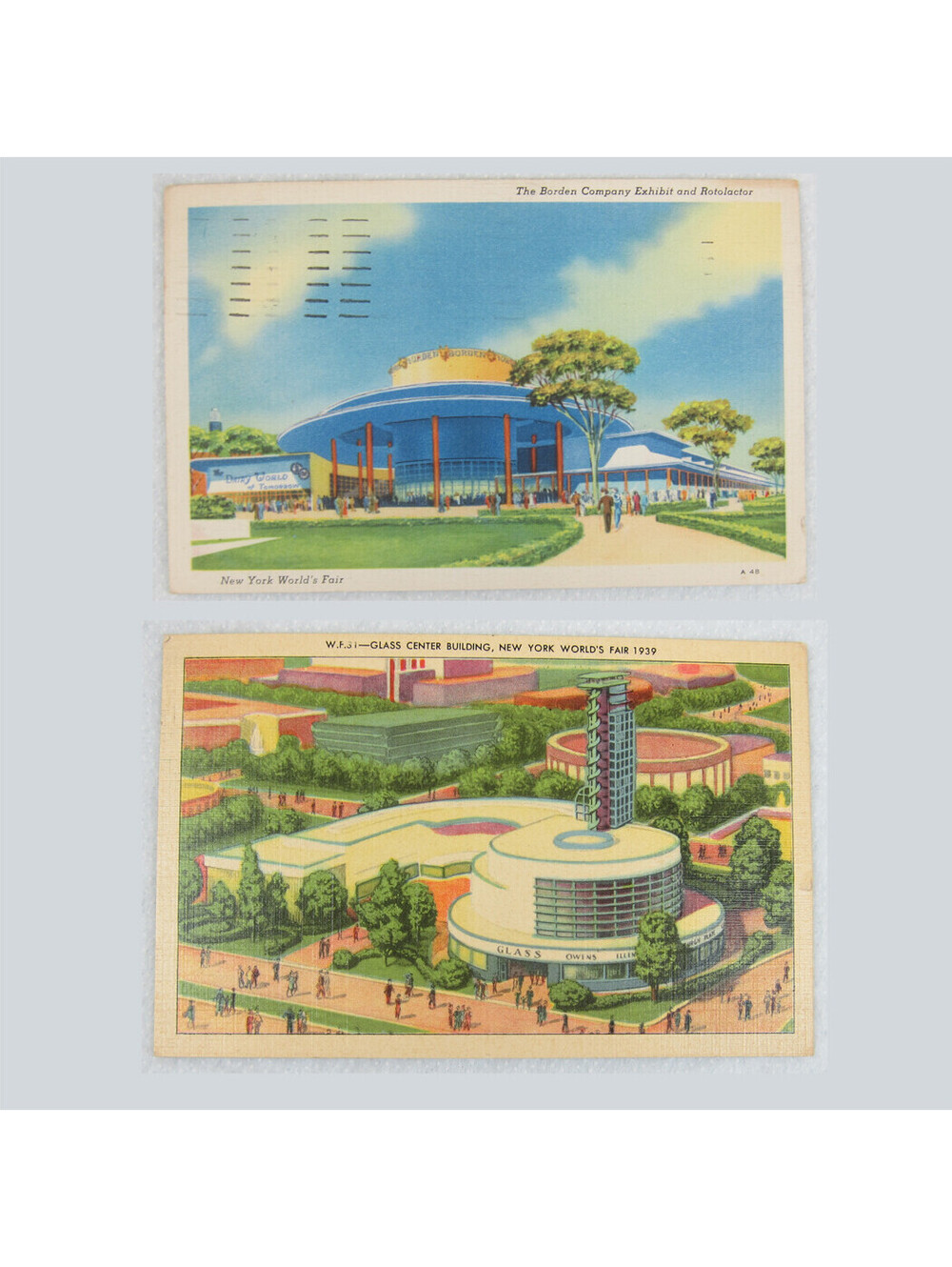 1939 New York Worlds Fair 2 Linen Postcards Borden Rotolactor & Glass Center